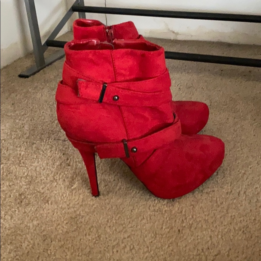 Red strappy ankle boots high heeled